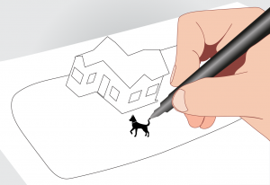 A hand drawing a dog on a white paper